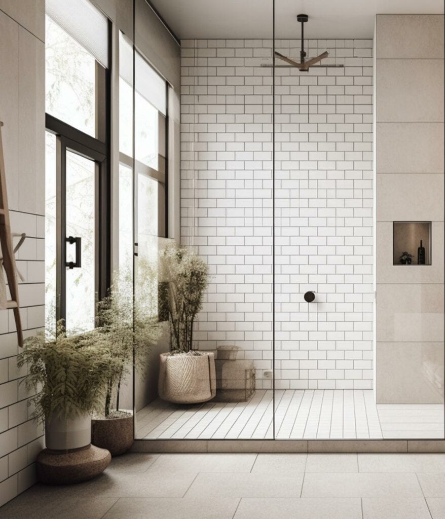 Refined Scandinavia bathroom with modern clean lines, big shower and white tiles. Generative AI
